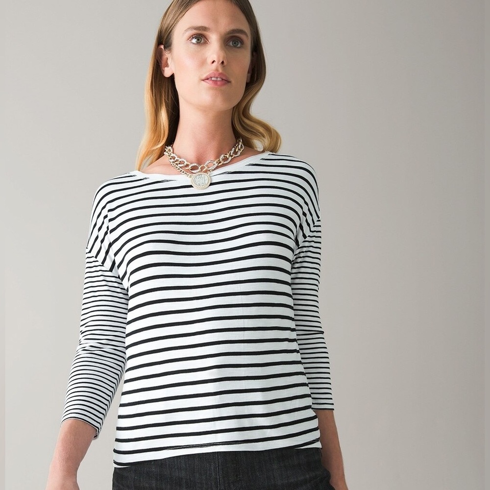 White House black market Striped T-shirt with dropped shoulders and 3/4 sleeves.